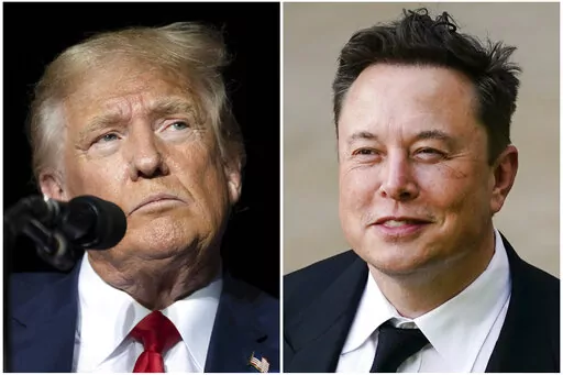This combination of photos shows former President Donald Trump during rally at the Minden Tahoe Airport in Minden, Nev., Oct. 8, 2022, left, and Elon Musk in Wilmington, Del., July 12, 2021. Trump and Musk share a reputation as disrupters. Now, they're grappling with tribulations that may be unlike anything thrown at them before. (AP Photo, File)