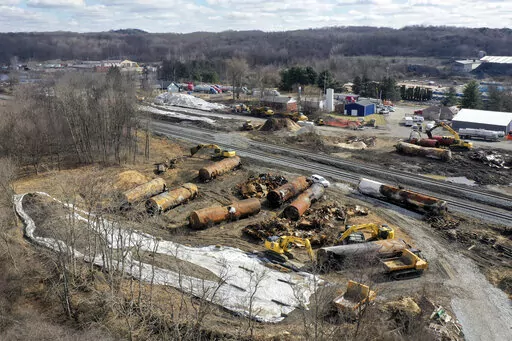 A view of the scene Feb. 24, 2023, as the cleanup continues at the site of of a Norfolk Southern freight train derailment that happened on Feb. 3 in East Palestine, Ohio. Pennsylvania Gov. Josh Shapiro said Monday, March 6, 2023 that Norfolk Southern has pledged several million dollars to cover the cost of the response and recovery in Pennsylvania after last month's derailment of a train carrying toxic chemicals just across the border in Ohio. (AP Photo/Matt Freed, file)