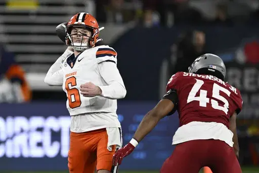 Syracuse quarterback Kyle McCord (6) passes under pressure from Washington State edge Raam Stevenson (45) during the first half of the Holiday Bowl NCAA college football game Friday, Dec. 27, 2024, in San Diego. (AP Photo/Denis Poroy)