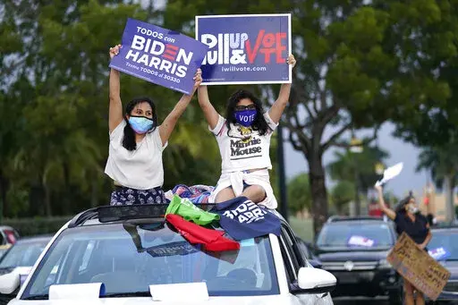 Claudia Cedillos, left, waves signs with her daughter Montserrat before a campaign rally for Democratic presidential candidate former Vice President Joe Biden, on Nov. 2, 2020, in Miami. Just over a year ago, millions of energized young people, women, voters of color and independents joined forces to send Joe Biden to the White House. But 12 months after he entered the Oval Office, many describe a coalition in crisis. (AP Photo/Lynne Sladky, File)