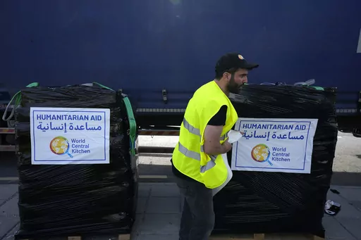 A member of the World Central Kitchen prepares a pallet with the humanitarian aid for transport to the port of Larnaca from where it will be shipped to Gaza, at a warehouse near Larnaca, Cyprus, on March 13, 2024. World Central Kitchen, the food charity founded by celebrity chef José Andrés, called a halt to its work in the Gaza Strip after an apparent Israeli strike killed seven of its workers, mostly foreigners. (AP Photo/Petros Karadjias, File)