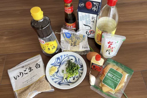 This photo shows the ingredients to cook ramen easily in Tokyo, on April 22, 2024. Ramen noodles are so popular they have become one reason to visit Japan. But ramen can easily be cooked at home too, especially if you can find the ingredients at your neighborhood Asian grocery store. (AP Photo/Yuri Kageyama)