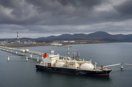 The tanker Sun Arrows loads its cargo of liquefied natural gas from the Sakhalin-2 project in the port of Prigorodnoye, Russia, on Friday, Oct. 29, 2021. Europe's natural gas woes are far from over in Jan. 2022. Prices are high. Underground reserves that are relied on in cold weather are low. Russia's state-owned Gazprom isn't selling as much spot gas as it used to. The pipeline operators have told the European Union's executive commission that if there's a cold winter, the continent's gas compa