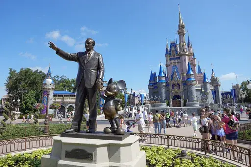 Guests pass a statue of Walt Disney and Mickey Mouse in the Magic Kingdom at Walt Disney World on July 14, 2023, in Lake Buena Vista, Fla. (AP Photo/John Raoux, File)