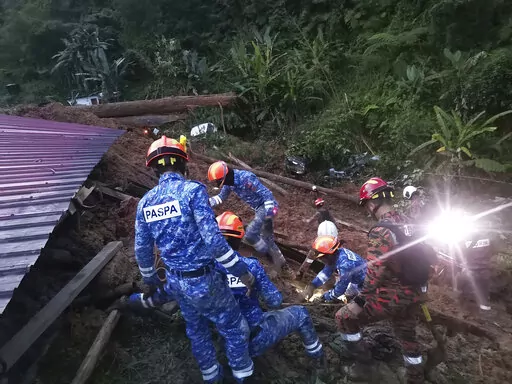 In this photo provided by Civil Defense Department, Civil Defense personnel search for survivors buried after a landslide hit a campsite in Batang Kali, Malaysia, Friday, Dec. 16, 2022. A landslide hit the campsite outside Kuala Lumpur early Friday, Malaysia's fire department said. (Malaysia Civil Defence via AP )