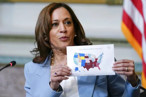Vice President Kamala Harris displays a map showing abortion access by state as she speaks during the first meeting of the interagency Task Force on Reproductive Healthcare Access in the Indian Treaty Room in the Eisenhower Executive Office Building on the White House Campus in Washington, Aug. 3, 2022. Harris when speaking about abortion told voters in Illinois earlier this month that “extremist, so-called leaders trumpet the rhetoric of freedom while they take away freedoms.” (AP Photo/Sus