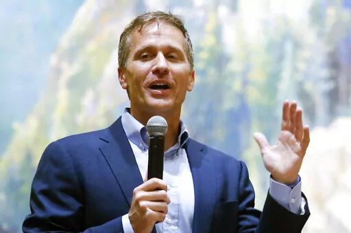 Former Missouri Gov. Eric Greitens, speaks at the Taney County Lincoln Day event at the Chateau on the Lake in Branson, Mo., April 17, 2021.   Greitens, a Republican candidate for U.S. Senate in Missouri, has posted a campaign video ad on Twitter that shows him brandishing a long gun and declaring that he’s hunting RINOs, or Republicans In Name Only.  (Nathan Papes/The Springfield News-Leader via AP, File)
