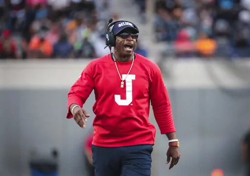 Jackson State coach Deion Sanders gets his team's attention during the Southern Heritage Classic NCAA college football game against Tennessee State, Saturday, Sept. 10, 2022. Deion Sanders confirmed Monday, Nov. 28, the University of Colorado is among multiple head coaching jobs he’s been offered.(Patrick Lantrip/Daily Memphian via AP, File)