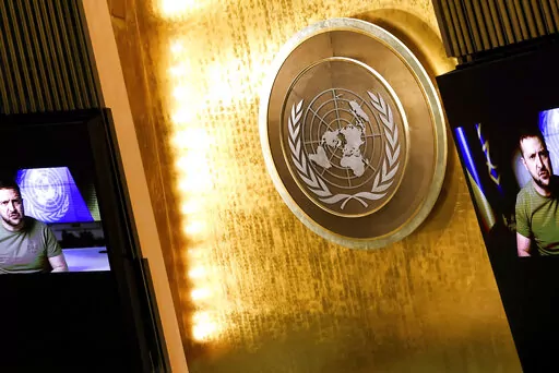 Ukrainian President Volodymyr Zelenskyy addresses the 77th session of the United Nations General Assembly, Wednesday, Sept. 21, 2022 at U.N. headquarters. (AP Photo/Julia Nikhinson)