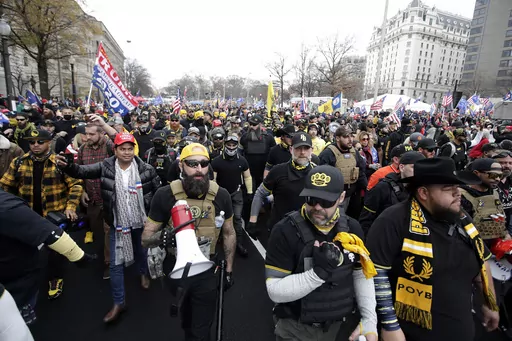 Supporters of President Donald Trump wearing attire associated with the Proud Boys attend a rally at Freedom Plaza, Dec. 12, 2020, in Washington. A judge on Friday, June 30, 2023, awarded more than $1 million to a Black church in downtown Washington, D.C. that sued the far-right Proud Boys for tearing down and burning a Black Lives Matter banner during a 2020 protest. (AP Photo/Luis M. Alvarez, File)