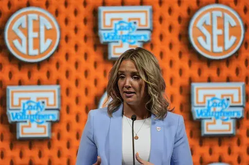 Tennessee head coach Kim Caldwell speaks during NCAA women's college basketball Southeastern Conference Media Day, Wednesday, Oct. 16, 2024, in Birmingham, Ala. (AP Photo/Mike Stewart)