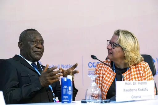 Henry Kwabena Kokofu, of Ghana, left, and Svenja Schulze, of Germany, talk at a session at the COP27 U.N. Climate Summit, Monday, Nov. 14, 2022, in Sharm el-Sheikh, Egypt. (AP Photo/Peter Dejong)