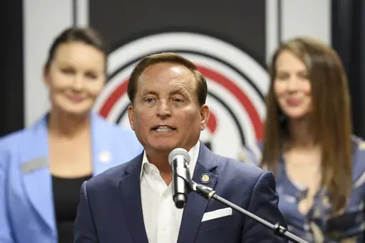 Iowa Secretary of State Paul Pate speaks during a press conference, Oct. 9, 2024, in Omaha, Neb. (Nikos Frazier/Omaha World-Herald via AP, file)