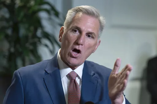 Speaker of the House Kevin McCarthy, R-Calif., talks to reporters about avoiding a government shutdown and launching an impeachment inquiry into President Joe Biden, following a closed-door meeting with fellow Republicans at the Capitol in Washington, Sept. 14, 2023. (AP Photo/J. Scott Applewhite, File)