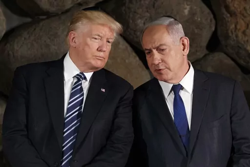 President Donald Trump, left, talks with Israeli Prime Minister Benjamin Netanyahu during a ceremony, May 23, 2017, in Jerusalem. Former President Donald Trump offered a tough message to Israel over its war against Hamas on Thursday, April 4, 2024, urging the country to "Get it over with." In an interview with conservative radio host Hugh Hewitt, Trump said that Israel is "absolutely losing the PR war," and called for a swift resolution to the bloodshed. (AP Photo/Evan Vucci, File)