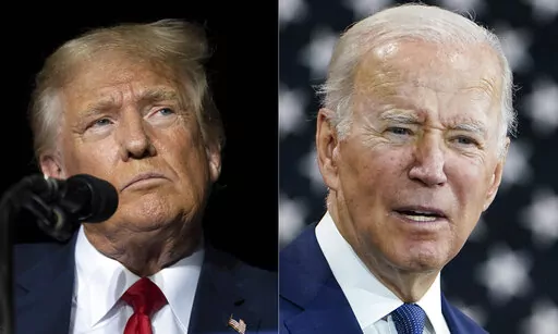 This combination of photos shows former President Donald Trump, left, and President Joe Biden, right. Biden and Trump are preparing for a possible rematch in 2024. But a new poll finds a notable lack of enthusiasm within the parties for either man as his party's leader, and a clear opening for new leadership. The poll from The Associated Press-NORC Center for Public Affairs Research finds a third of both Democrats and Republicans are unsure of who they want leading their party. (AP Photo/File)