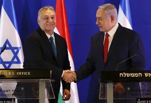 Hungarian Prime Minister Viktor Orban, left, and Israeli Prime Minister Benjamin Netanyahu attend a press conference after their meeting in Jerusalem, Tuesday, Feb. 19, 2019. (AP Photo/Ariel Schalit, Pool, File)