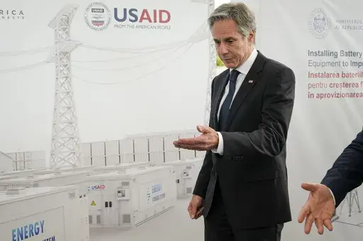 United States Secretary of State Antony Blinken walks during a visit to the site of Moldelectrica Chisinau Substation in Braila, a USAID supported project, south of the capital of Moldova, Wednesday, May 29, 2024. (AP Photo/Vadim Ghirda, File)