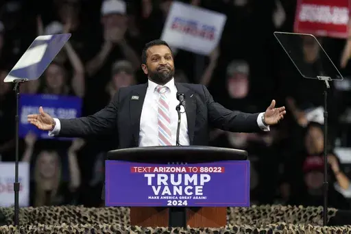 Kash Patel speaks before Republican presidential nominee former President Donald Trump at a campaign rally at the Findlay Toyota Arena Oct. 13, 2024, in Prescott Valley, Ariz. (AP Photo/Ross D. Franklin)
