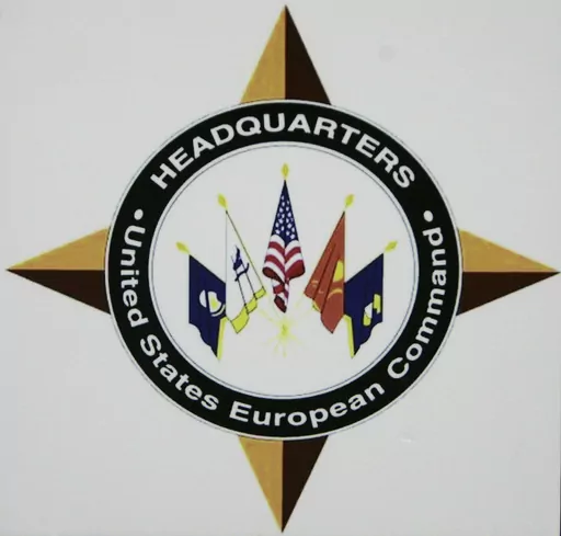 The logo of the headquarters of the US European Command (US EUCOM) is seen in the Patch Barracks in Stuttgart, southwestern Germany, Dec. 4, 2006. Five U.S. servicepeople were killed when a military aircraft crashed over the eastern Mediterranean Sea during a training mission, U.S. European Command said Sunday, Nov. 12, 2023. (AP Photo/Thomas Kienzle, file)
