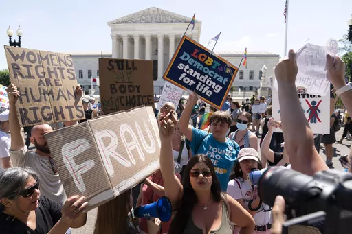 Anti-abortion demonstrators and abortion rights activists protest outside the Supreme Court in Washington, Saturday, June 25, 2022. More than a year after the Supreme Court overturned the federal right to abortion, the issue has at times dominated the discussion among the Republicans seeking their party’s 2024 presidential nomination. (AP Photo/Jose Luis Magana, File)