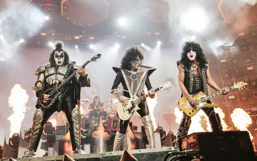 Gene Simmons, left, Tommy Thayer and Paul Stanley of KISS perform during the final night of the "Kiss Farewell Tour" on Saturday, Dec. 2, 2023, at Madison Square Garden in New York. (Photo by Evan Agostini/Invision/AP)