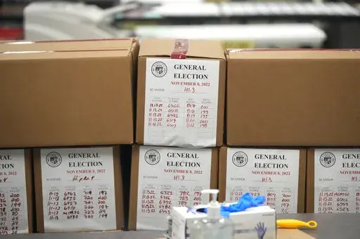 Ballots from the general election are boxed up at the Maricopa County Recorders Office in Phoenix, Monday, Nov. 14, 2022. On Friday, Dec. 9, The Associated Press reported on stories circulating online incorrectly claiming uncounted ballots that got mixed with counted ballots at voting sites in Arizona’s Maricopa County were not included in the final midterm election results. (AP Photo/Ross D. Franklin, File)