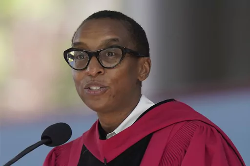 Then-Edgerley Family Dean of Harvard's Faculty of Arts and Sciences Claudine Gay addresses an audience during commencement ceremonies, May 25, 2023, on the school's campus in Cambridge, Mass. Gay, Harvard University's president, resigned Tuesday, Jan. 2, 2024, amid plagiarism accusations and criticism over testimony at a congressional hearing where she was unable to say unequivocally that calls on campus for the genocide of Jews would violate the school’s conduct policy. (AP Photo/Steven Senne