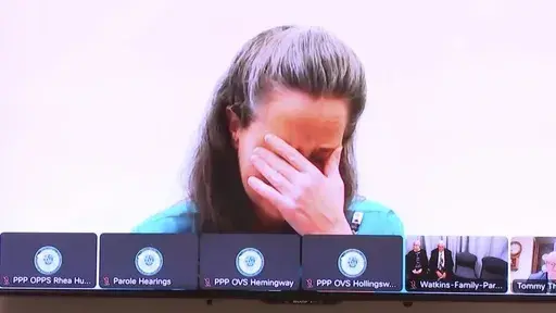In an image taken from Court TV pool video, Susan Smith is seen testifying via video on Wednesday Nov. 20, 2024, at a South Carolina parole hearing on her life sentence for murder in the deaths of her two young sons 30 years ago. (AP Photo/Walter Ratliff, Pool)