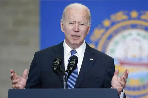 President Joe Biden speaks about his infrastructure agenda at the New Hampshire Port Authority in Portsmouth, N.H., Tuesday, April 19, 2022. (AP Photo/Patrick Semansky)