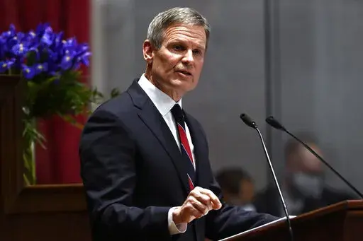 Tennessee Gov. Bill Lee delivers his State of the State address in the House Chamber of the Capitol building, Monday, Jan. 31, 2022, in Nashville, Tenn.  On Friday, May 13, The Associated Press reported on stories circulating online incorrectly claiming newly signed legislation in Tennessee “banned Plan B and made it a crime punishable by a $50,000 fine to order it.”(AP Photo/Mark Zaleski, File)