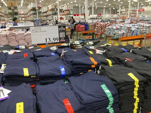 Clothing sits on tables for shoppers in a Costco warehouse Monday, Aug. 29, 2022, in Sheridan, Colo. The Federal Reserve is expected to raise its key short-term rate by a substantial three-quarters of a point for the third consecutive time Wednesday, Sept. 21. The goal is to slow consumer spending, reducing demand for homes, cars and other goods and services, eventually cooling the economy and lowering prices. (AP Photo/David Zalubowski)