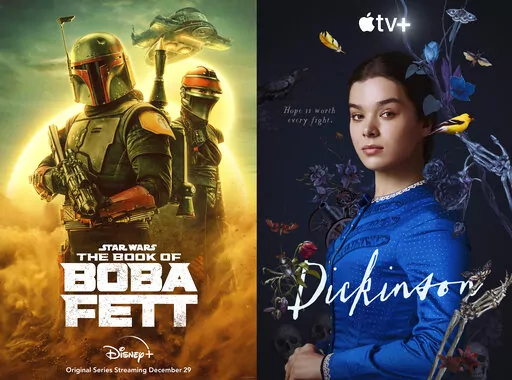 This combination of photos shows promotional art for "The Book of Boba Fett," a series premiering Dec. 29 on Disney+, left, and "Dickinson," for which the final episode of season three airs Dec. 24 on Apple TV+. (Disney+/Apple TV+ via AP)