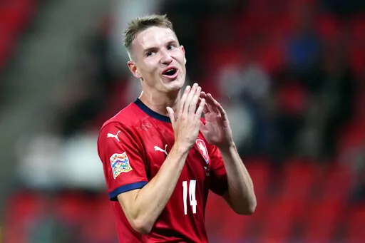 Czech Republic's Jakub Jankto reacts after missing a chance to score during the UEFA Nations League soccer match between Czech Republic and Switzerland at the Sinobo stadium in Prague, Czech Republic, June 2, 2022. Czech Republic midfielder Jakub Jankto posted a video on social media on Monday, Feb. 13, 2023 saying he is gay, making him one of the most high-profile male soccer players to come out. (AP Photo/Petr David Josek, file)
