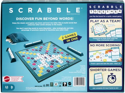 This photo provided by Mattel shows the new version of the board game Scrabble, that includes a new version called Scrabble Together. Mattel has unveiled a double-sided board that features both the classic word-building game and Scrabble Together, a new rendition aimed at making Scrabble more accessible “for anyone who finds word games intimidating." (Mattel via AP)