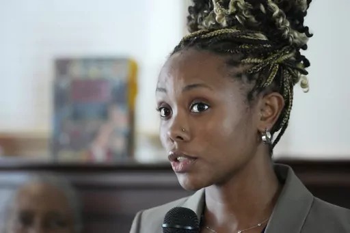 Jamese Wiley, a 28-year-old single mother of six, speaks about the positive impact the removal of a child support requirement by the Mississippi Department of Human Services, has on the Child Care Payment Program, at a news conference Monday, May 15, 2023, in Jackson, Miss. (AP Photo/Rogelio V. Solis)