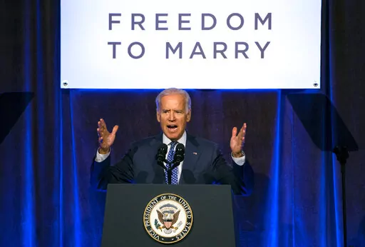 Vice President Joe Biden addresses a Freedom To Marry event in New York, July 9, 2015. President Joe Biden plans to sign legislation this coming week that will protect gay unions even if the Supreme Court revisits its ruling supporting a nationwide right of same-sex couples to marry. It's the latest part of Biden's legacy on gay rights, which includes his unexpected endorsement of marriage equality on national television a decade ago when he was vice president. (AP Photo/Craig Ruttle, File)