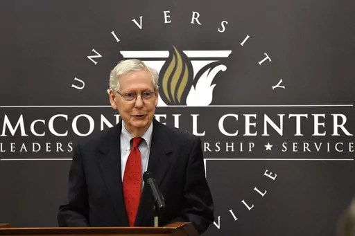 Senate Minority Leader Mitch McConnell, R-Ky., gives remarks during a presentation at the University of Louisville in Louisville, Ky., Tuesday, April 2, 2024. With his days as Republican leader now numbered, the Kentuckian is talking more freely about his priorities once he's no longer calling the shots for his party. (AP Photo/Timothy D. Easley, File)