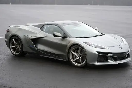 The 2024 Corvette E Ray is displayed, Thursday, Jan. 12, 2023, in Milford Mich. The fastest corvette ever made comes out next year, and it's not powered soley by the traditional howling V8. The E Ray is a gas electric hybrid, the first all wheel drive version of the storied sports car with the front wheels running on a battery. Aimed at affluent buyers who want new technology in the top-line Chevrolet sports car, the $104,000 E Ray jerks your head back as it goes from zero to 60 mph in 2.5 secon