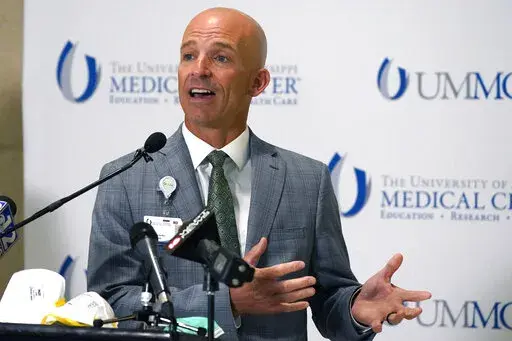 Dr. Alan Jones, associate vice chancellor for clinical affairs and COVID-19 clinical response leader at the University of Mississippi Medical School, speaks during a news conference in Jackson, Miss., July 16, 2021. The governing board for Mississippi's public universities voted Thursday, Jan. 19, 2023, to give UMMC permission to operate a center to care for burn patients, months after another hospital closed the only burn center in the state. (AP Photo/Rogelio V. Solis, File)