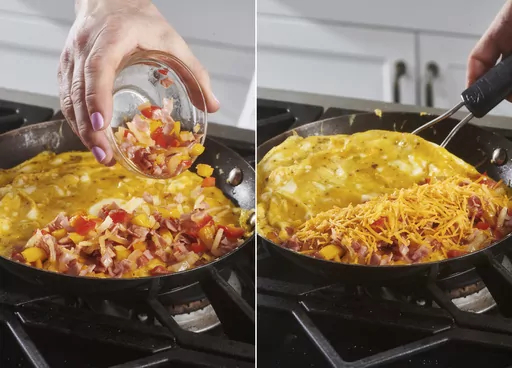 This combination of photos taken in 2021 shows Denver omelet being made in a skillet. Leftover Easter ham can be a springboard for other meals during the week. Of course you’ll want a sandwich or two, but there are many other ways to put that porky, smoky flavor to good use, including omelettes. (Cheyenne Cohen via AP)