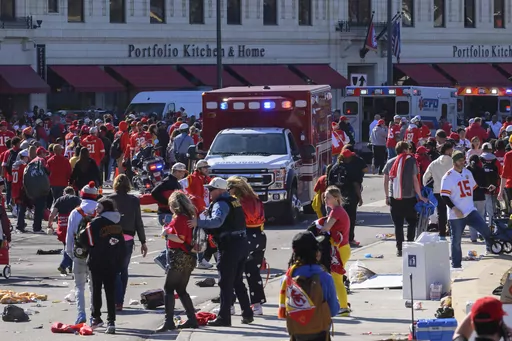 Police clear the area following a shooting at the Kansas City Chiefs NFL football Super Bowl celebration in Kansas City, Mo., Wednesday, Feb. 14, 2024. Three men from Kansas City, Mo.,, face firearms charges, including gun trafficking, after an investigation into the mass shooting during the Kansas City Chiefs’ Super Bowl parade and rally, federal prosecutors said Wednesday, March 13, 2024. (AP Photo/Reed Hoffmann, File)