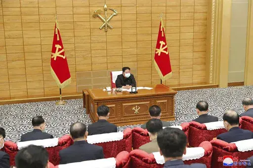 In this photo provided by the North Korean government, North Korean leader Kim Jong Un, top, attends a meeting on anti-virus strategies in Pyongyang, North Korea Saturday, May 14, 2022. Independent journalists were not given access to cover the event depicted in this image distributed by the North Korean government. The content of this image is as provided and cannot be independently verified.   Korean language watermark on image as provided by source reads: "KCNA" which is the abbreviation for 