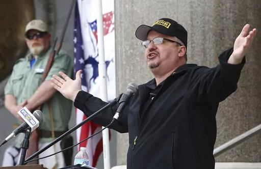 Stewart Rhodes, the founder of Oath Keepers, speaks during a gun rights rally at the Connecticut State Capitol in Hartford, Conn., April 20, 2013. Federal prosecutors are preparing to lay out their case against the founder of the Oath Keepers’ extremist group and four associates. They are charged in the most serious case to reach trial yet in the Jan. 6, 2021, U.S. Capitol attack. Opening statements are expected Monday in Washington’s federal court in the trial of Stewart Rhodes and others c