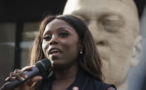 New York Councilwoman Farah Louis speaks during a celebration ceremony for the refurbished George Floyd statue, after it was vandalized following its Juneteenth installation, July 22, 2021, in the Brooklyn borough of New York. (AP Photo/Bebeto Matthews, File)