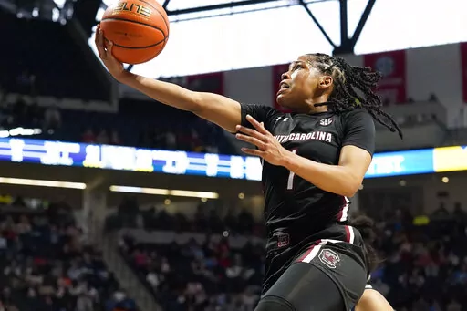 South Carolina guard Zia Cooke (1) leaps for a layup-attempt during the first half of an NCAA college basketball game against Mississippi in Oxford, Miss., Sunday, Feb. 19, 2023. (AP Photo/Rogelio V. Solis)