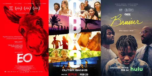 This combination of photos show promotional art for, from left, "EO," a film nominated for an Oscar for best international film, streaming Tuesday on the Criterion Channel, "Outer Banks," a series returning for a third season Feb. 23 on Netflix, and "Bruiser," a film premiering Feb. 24 on Hulu. (Sideshow and Janus Films/Netflix/Hulu via AP)