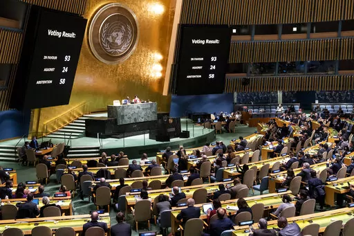 A completed resolution vote tally to affirm the suspension of the Russian Federation from the United Nations Human Rights Council is displayed during a meeting of the United Nations General Assembly, Thursday, April 7, 2022, at United Nations headquarters.  UN General Assembly approved a resolution suspending Russia from the world body's leading human rights organization. (AP Photo/John Minchillo)