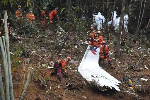 In this photo released by Xinhua News Agency, search and rescue workers conduct search for the black box near the debris at the China Eastern flight crash site in Tengxian County in southern China's Guangxi Zhuang Autonomous Region on Thursday, March 24, 2022. Hundreds of people in rain gear and rubber boots searched muddy, forested hills in southern China on Thursday for the second flight recorder from a jetliner that crashed with 132 people aboard. (Lu Boan/Xinhua via AP)