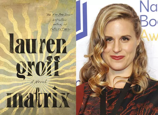This combination of photos shows the book cover image for "Matrix," a novel by Lauren Groff, left, and Groff at the 69th National Book Awards Ceremony and Benefit Dinner at Cipriani Wall Street in New York on Nov. 14, 2018. Groff's novel is among the finalists for best lesbian fiction for the Lambda awards. (Riverhead via AP, left, and AP Photo)